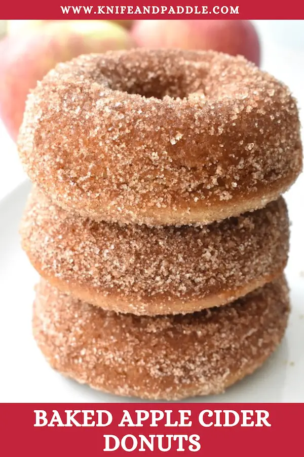 Baked Apple Cider Donuts stacked with cinnamon-sugar topping on a plate