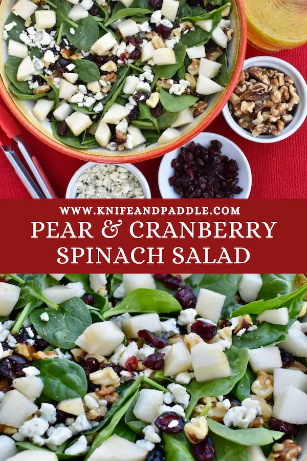 Pear & Cranberry Spinach Salad with walnuts and blue cheese tossed with an apple cider, olive oil, maple syrup and honey dressing