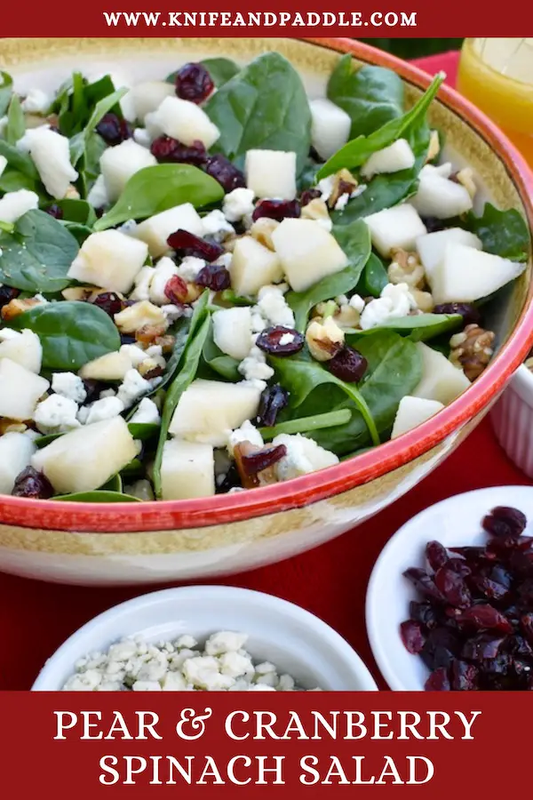 Pear & Cranberry Spinach Salad with walnuts and blue cheese tossed with an apple cider, olive oil, maple syrup and honey dressing