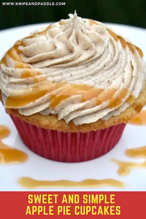 Sweet & Simple Apple Pie Cupcake with cinnamon buttercream frosting and homemade caramel sauce drizzled over the top