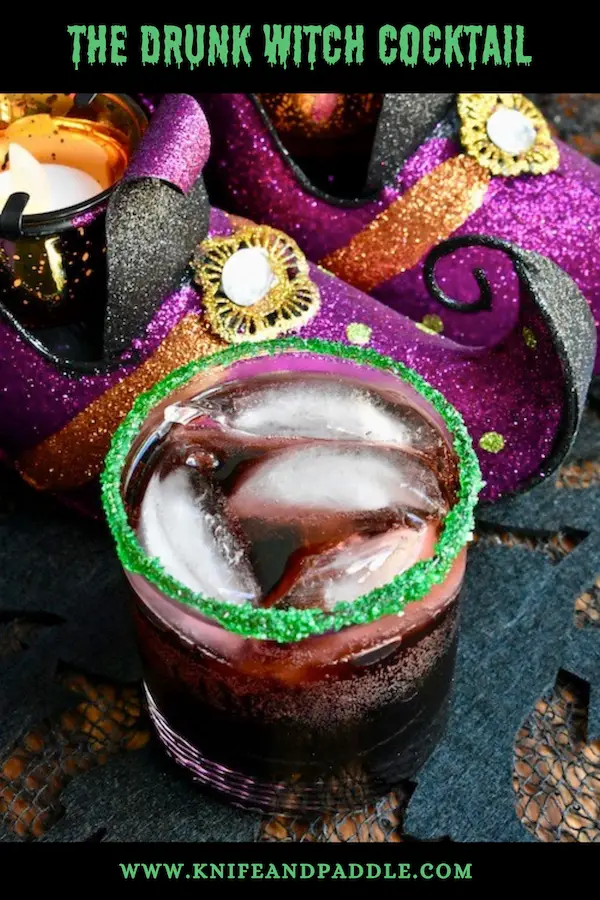 The Drunk Witch Cocktail with a bright green sugar rim