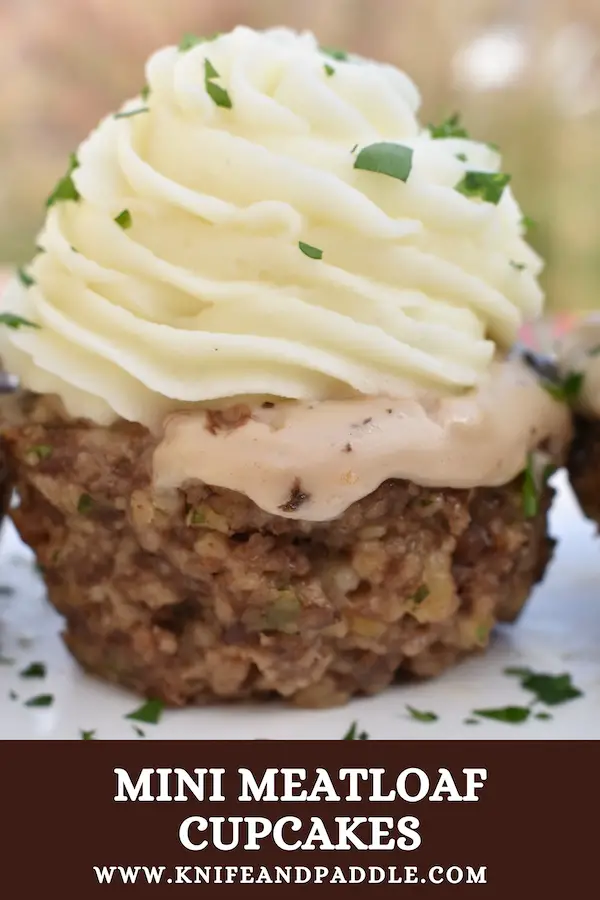 Mini Meatloaf Cupcake with mashed potato "frosting" and a sprinkle of parsley on a plate
