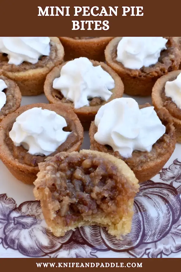 Mini Pecan Bites with whipped cream on a plate