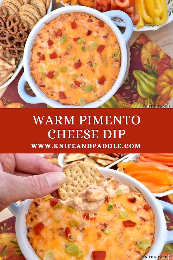 Warm Pimento Cheese Dip with crackers, pita chips, pretzels and red, orange and yellow pepper sticks