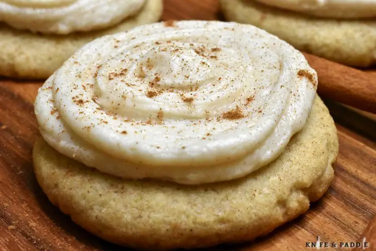 Cinnamon Roll Sugar Cookies topped with Buttercream Cream Cheese Frosting