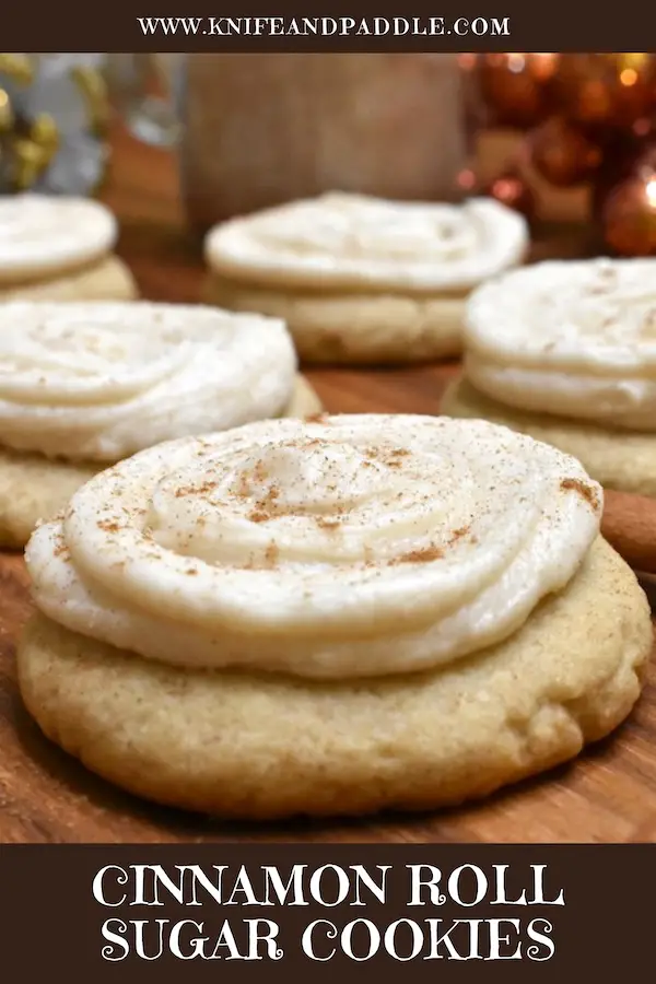 Cinnamon Roll Sugar Cookies topped with Buttercream Cream Cheese Frosting