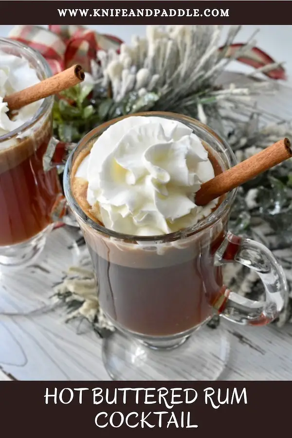 Hot Buttered Rum Cocktail with whipped cream and a cinnamon stick for garnish