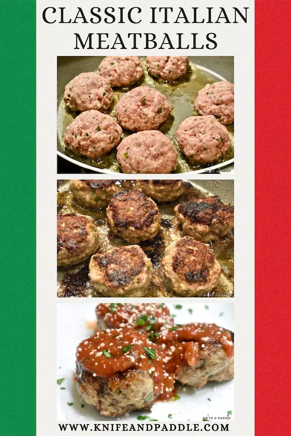 Classic Italian Meatballs in a frying pan, crispy meatballs and meatballs with a Simple Homemade Tomato Sauce in a dish