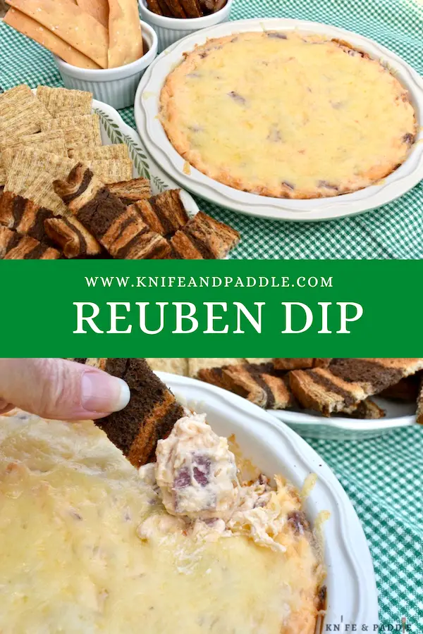 Hot Reuben Dip with pumpernickel sticks, crackers and toasted marble rye