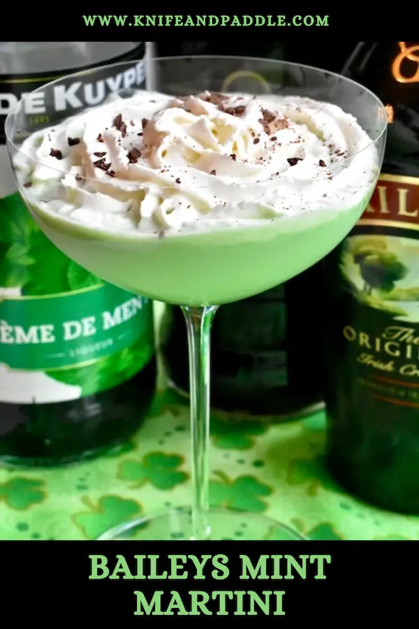Baileys Mint Martini made with Crème de Menthe, Crème de Cacao and Baileys Irish Cream and served in a coup glass, garnished with whipped cream and chocolate shavings