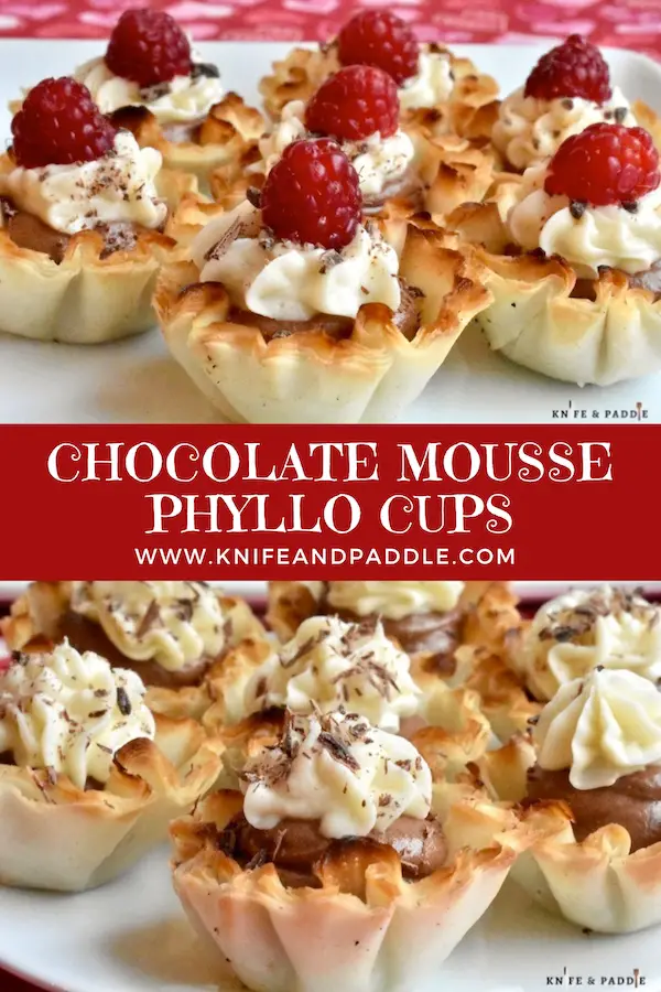 Chocolate Mousse Phyllo Cups topped with shaved chocolate and a fresh raspberry