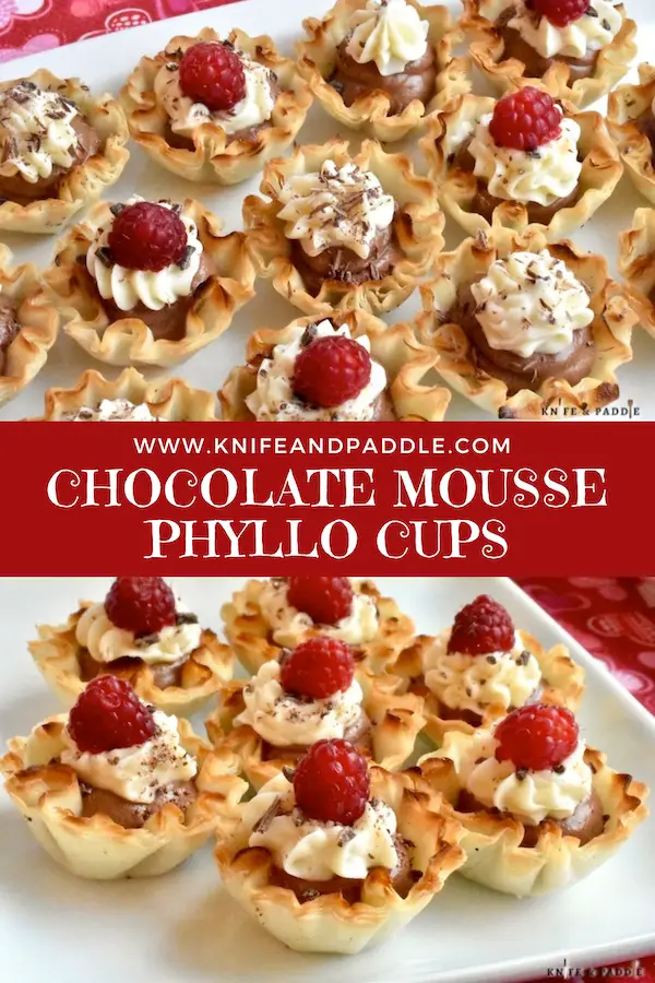 Chocolate Mousse Phyllo Cups topped with shaved chocolate and a fresh raspberry