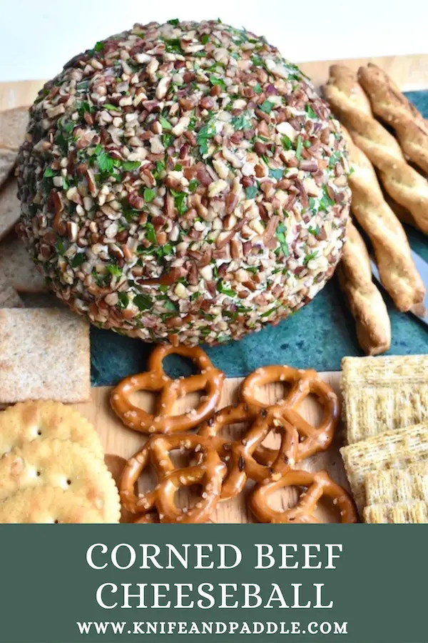 Corned Beef Cheese Ball serve with crackers, pretzels and cracker sticks