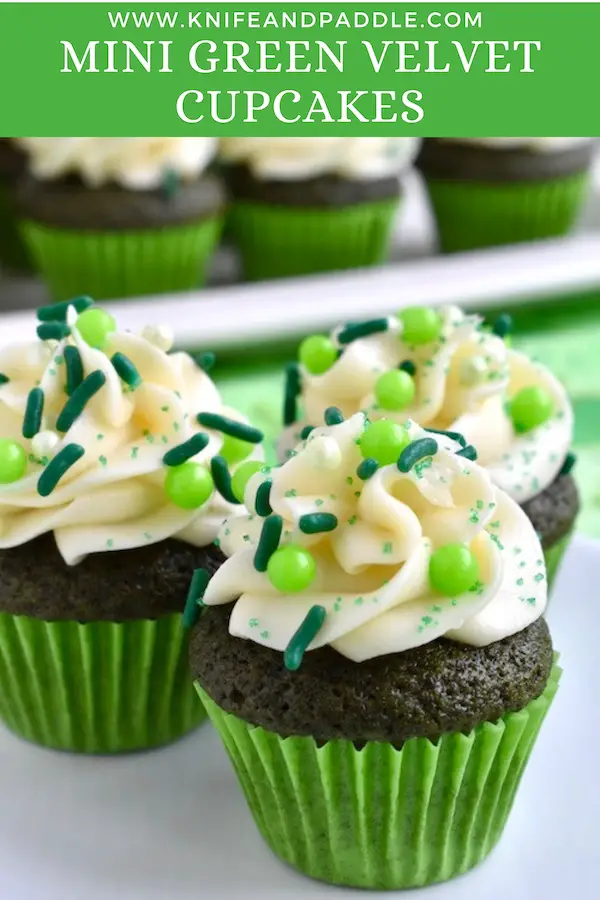 Mini Green Velvet Cupcakes with cream cheese frosting and festive sprinkles