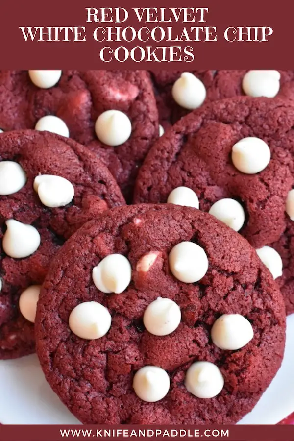 Red Velvet White Chocolate Chip Cookies on a plate