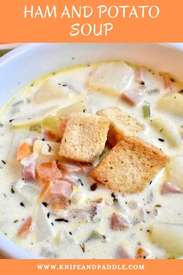 Ham and Potato Soup topped with croutons