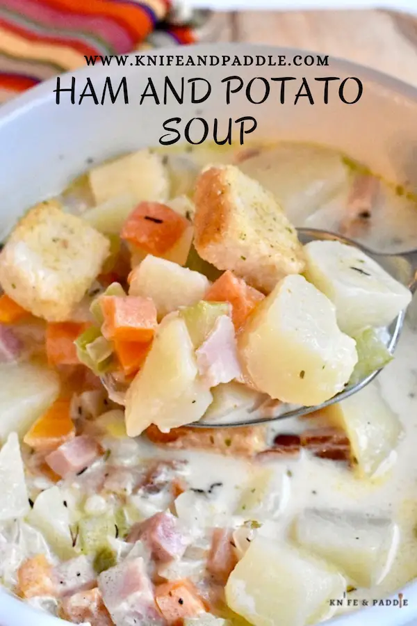 Ham and Potato Soup topped with croutons