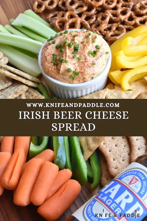 Irish Beer Cheese Spread with veggie sticks, pita chips, pretzels and crackers