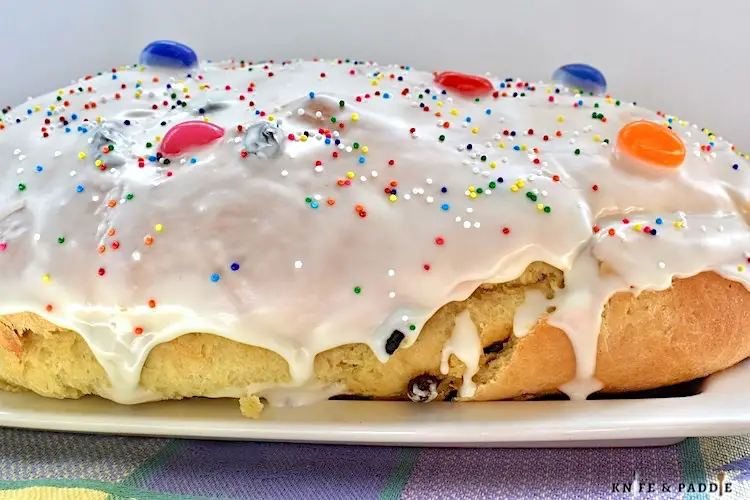 Italian Easter Bread with Vanilla Frosting topped with jelly beans and nonpareils 
