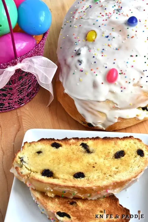 Italian Easter Bread with Vanilla Frosting topped with jelly beans and nonpareils 