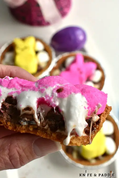Mini Peeps S'mores Pies oozing with marshmallows and chocolate