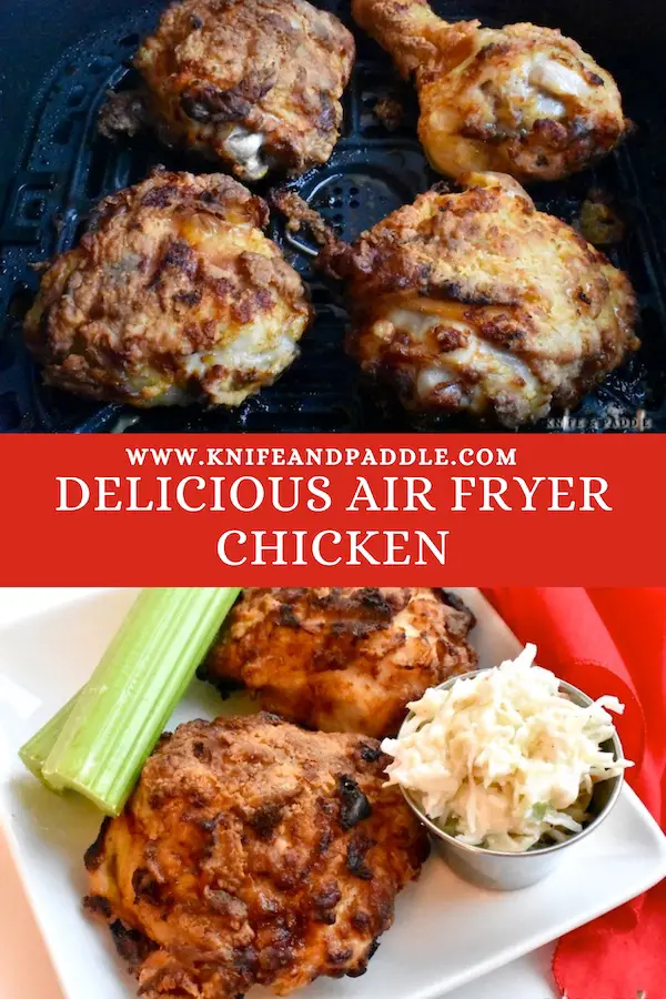 Delicious Air Fryer Chicken in the air fryer basket and on a plate with celery sticks and coleslaw 