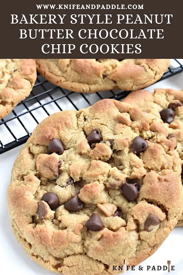 Bakery-Style Peanut Butter Chocolate Chip Cookies in a dish and on a wire rac