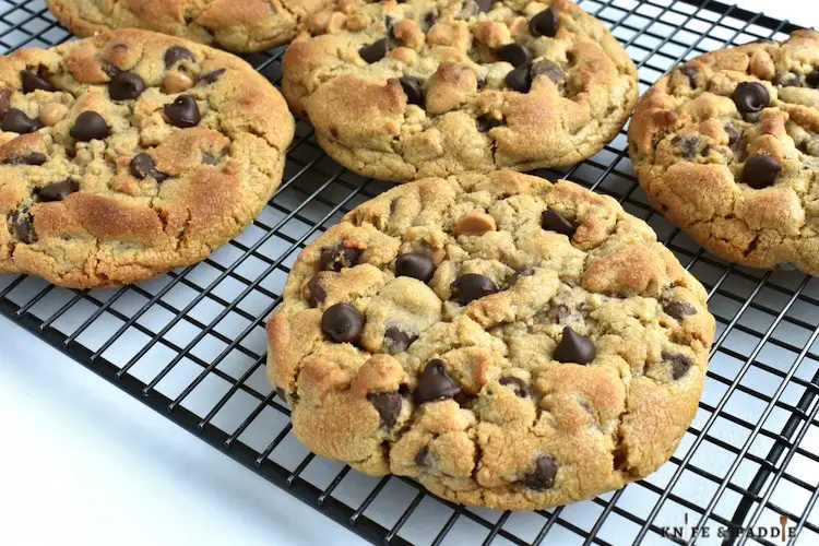 Bakery-Style Peanut Butter Chocolate Chip Cookies on a wire rack