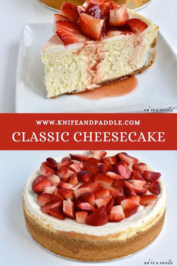 Delicious cream cheese and sour cream dessert baked in a graham cracker crust topped with fresh strawberries