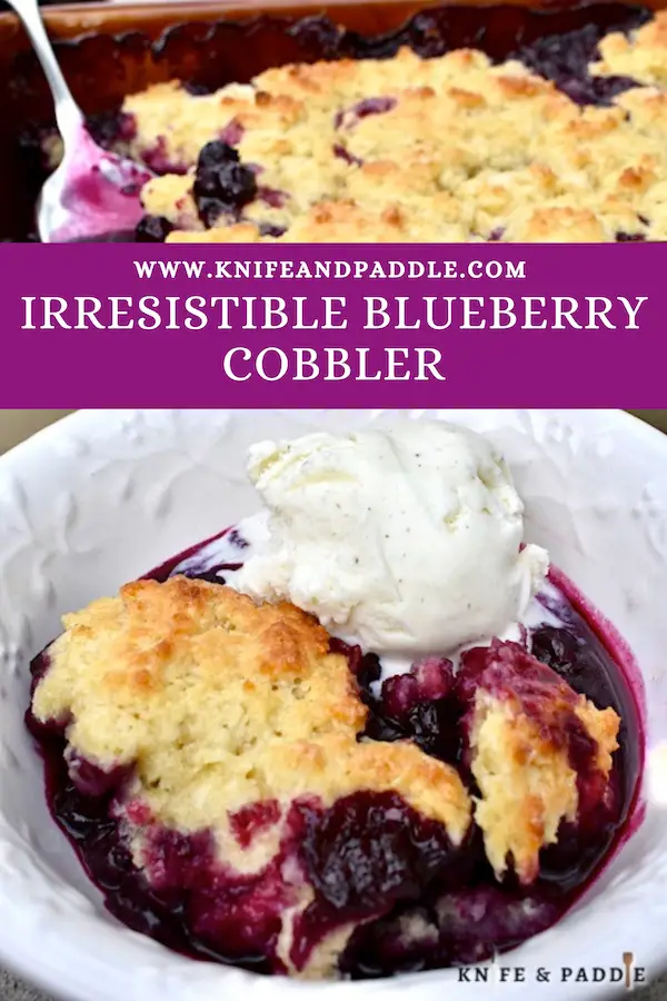 Irresistible Blueberry Cobbler in a baking dish and in a bowl topped with vanilla ice cream