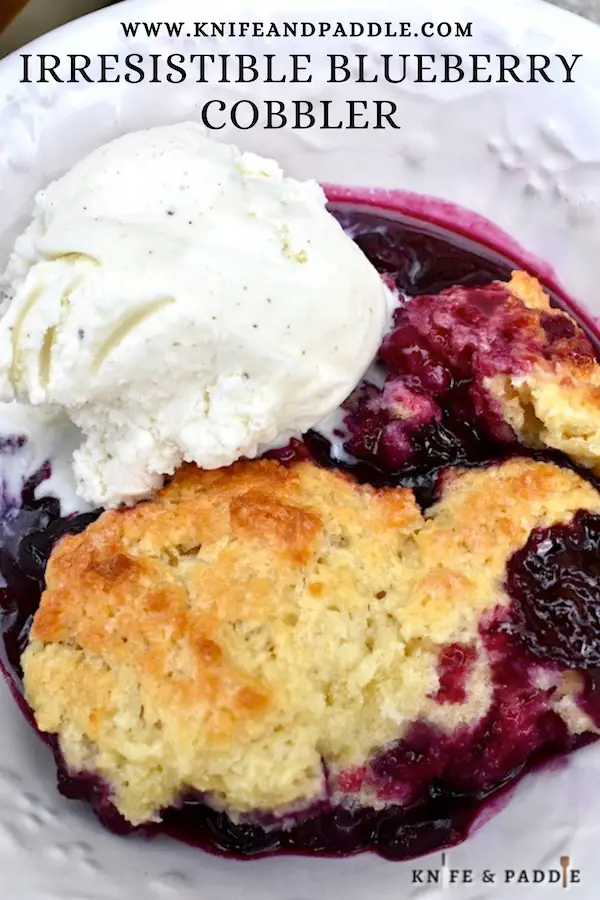 Blueberry cobbler baked golden brown and topped with a scoop of vanilla ice cream 