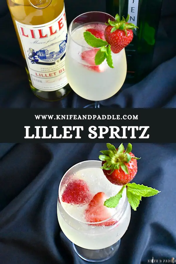 Lillet Spritz with crushed ice and strawberries and mint sprig for garnish