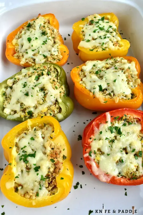 Simple Stuffed Peppers in a baking dish 