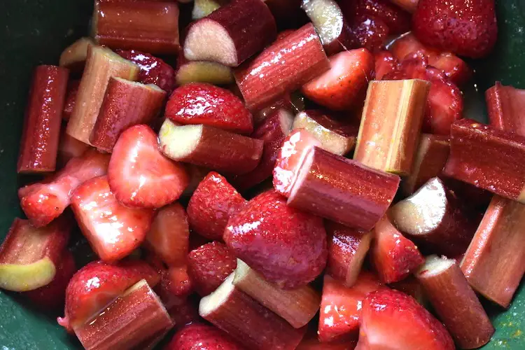 strawberries and rhubarb in a mixing bowl