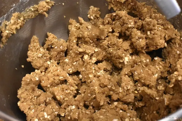 Oats, dark brown sugar, granulated sugar, flour and butter mixed together 