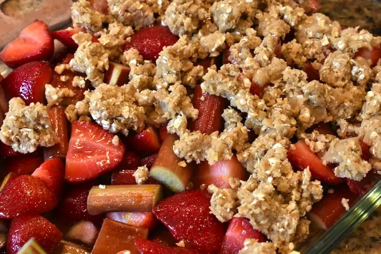 Strawberry Rhubarb Crisp in a  baking dish