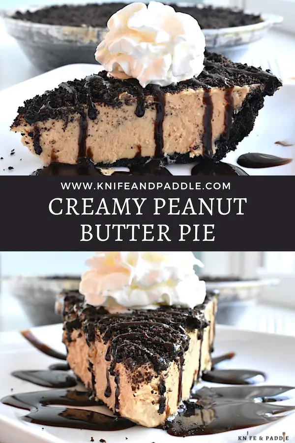 Creamy Peanut Butter Pie with crushed Oreos topped with chocolate drizzle and whipped cream