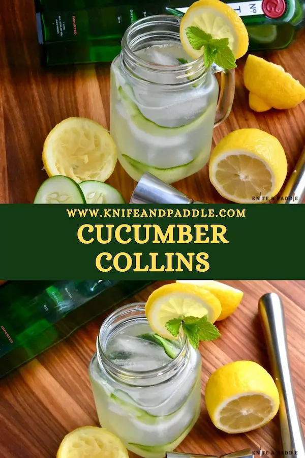 Cucumber Collins with cucumber ribbons, a lemon wheel and a mint sprig