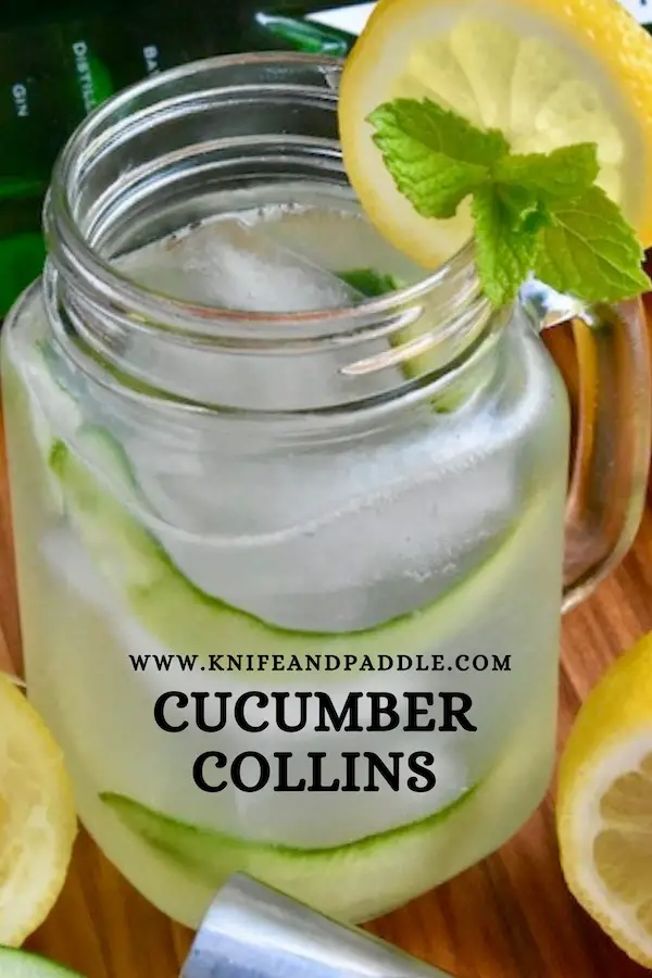 Cucumber Collins with cucumber ribbons, a lemon wheel and a mint sprig
