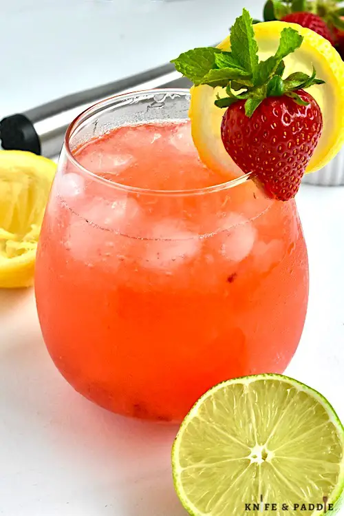 Strawberry Southside Fizz with a lemon wheel, mint sprig and a strawberry for garnish