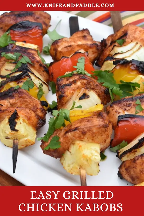 Easy Grilled Chicken Kabobs on a plate sprinkled with cilantro