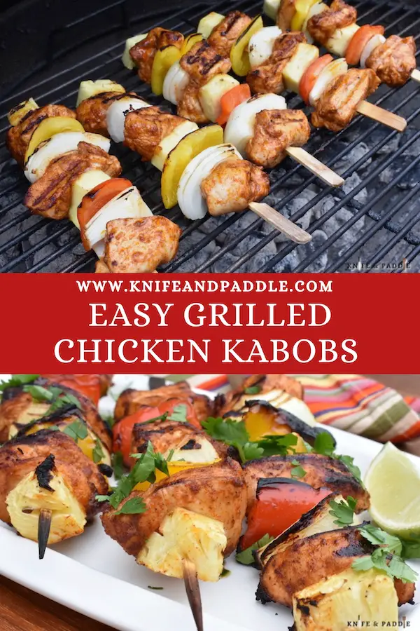 Easy Grilled Chicken Kabobs on the grill and on a plate sprinkled with cilantro