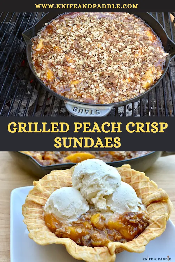 Grilled Peach Crisp Sundaes in a waffle bowl topped with vanilla ice cream 