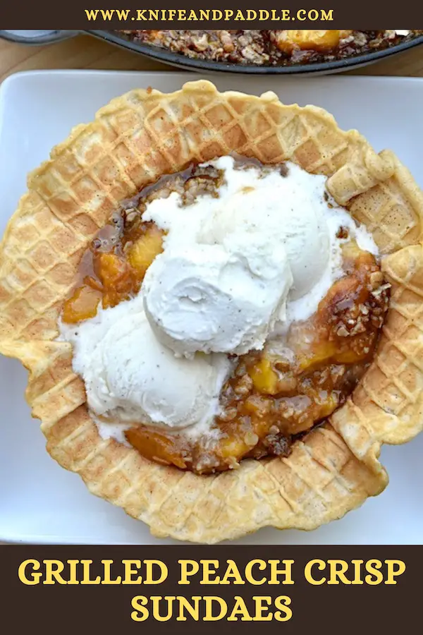 BBQ dessert with fresh fruit in a waffle bowl topped with vanilla ice cream 