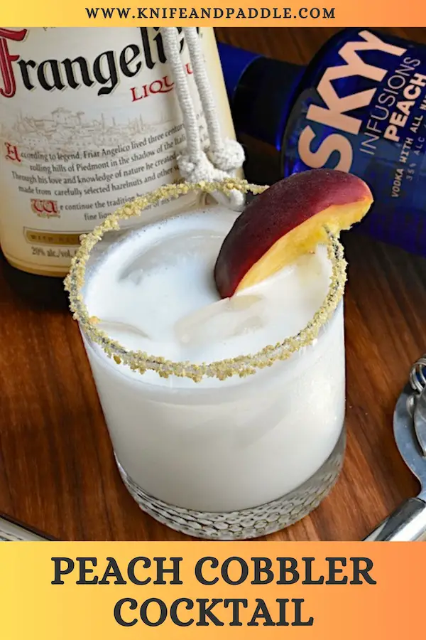 Frangelico, peach vodka, heavy cream and simple syrup shaken and pour into a prepared glass with ice, garnished with a graham cracker and brown sugar rim and a peach slice