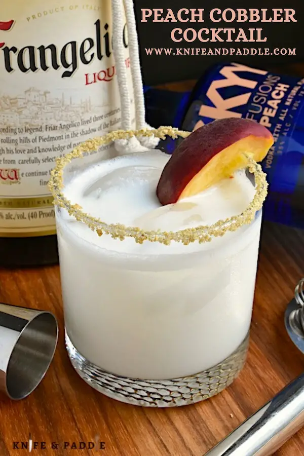 Frangelico, peach vodka, heavy cream and simple syrup shaken and pour into a prepared glass with ice, garnished with a graham cracker and brown sugar rim and a peach slice