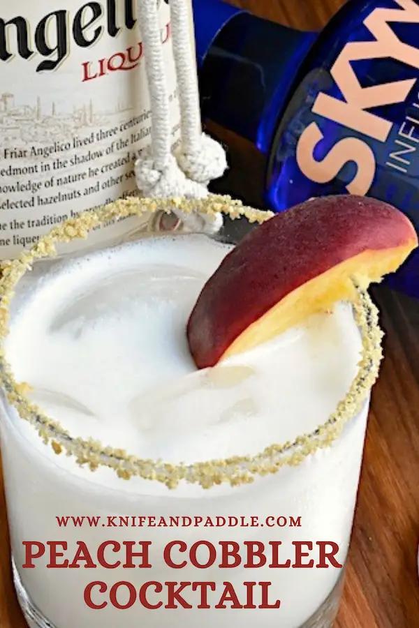 Frangelico, peach vodka, heavy cream and simple syrup shaken and pour into a prepared glass with ice, garnished with a graham cracker and brown sugar rim and a peach slice