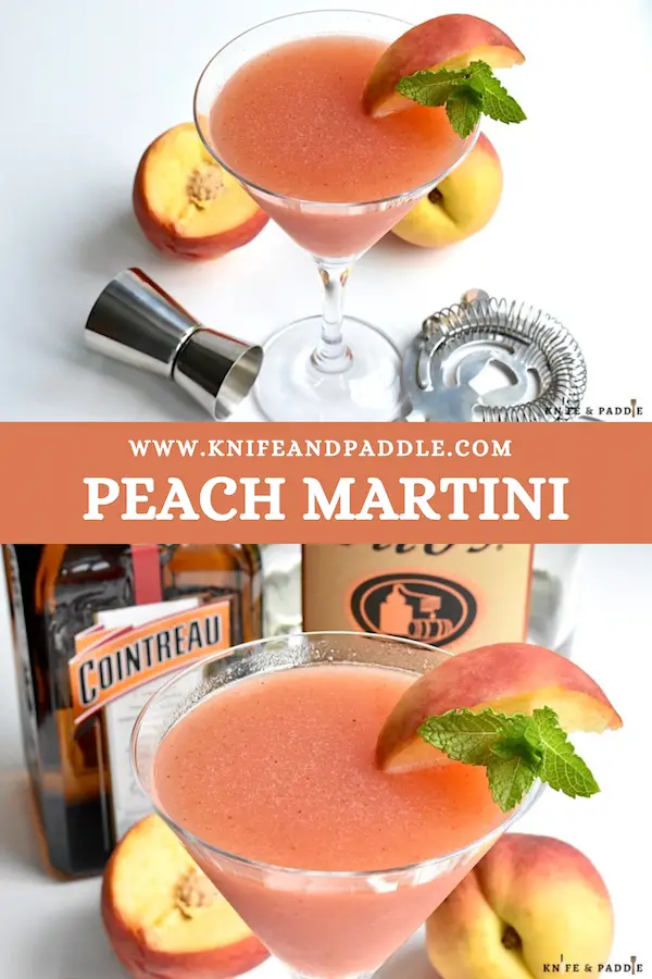 Peach martini with a peach wedge and a mint sprig, Cointreau and vodka