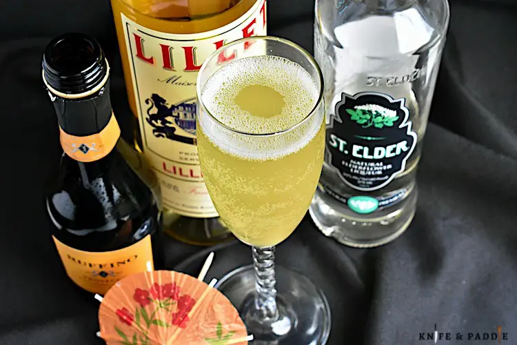 Prosecco, Lillet Blanc, St. Elder, lemon juice and honey mixed and poured into a champagne flute 