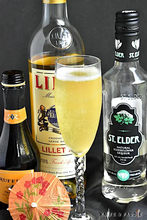 Prosecco, Lillet Blanc, St. Elder, lemon juice and honey mixed and poured into a champagne flute 